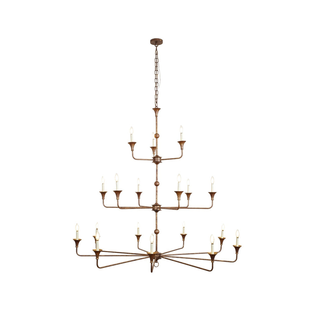 The Clérachic Wisp Grande chandelier's three-tier silhouette centers a slender bronze column on white.
