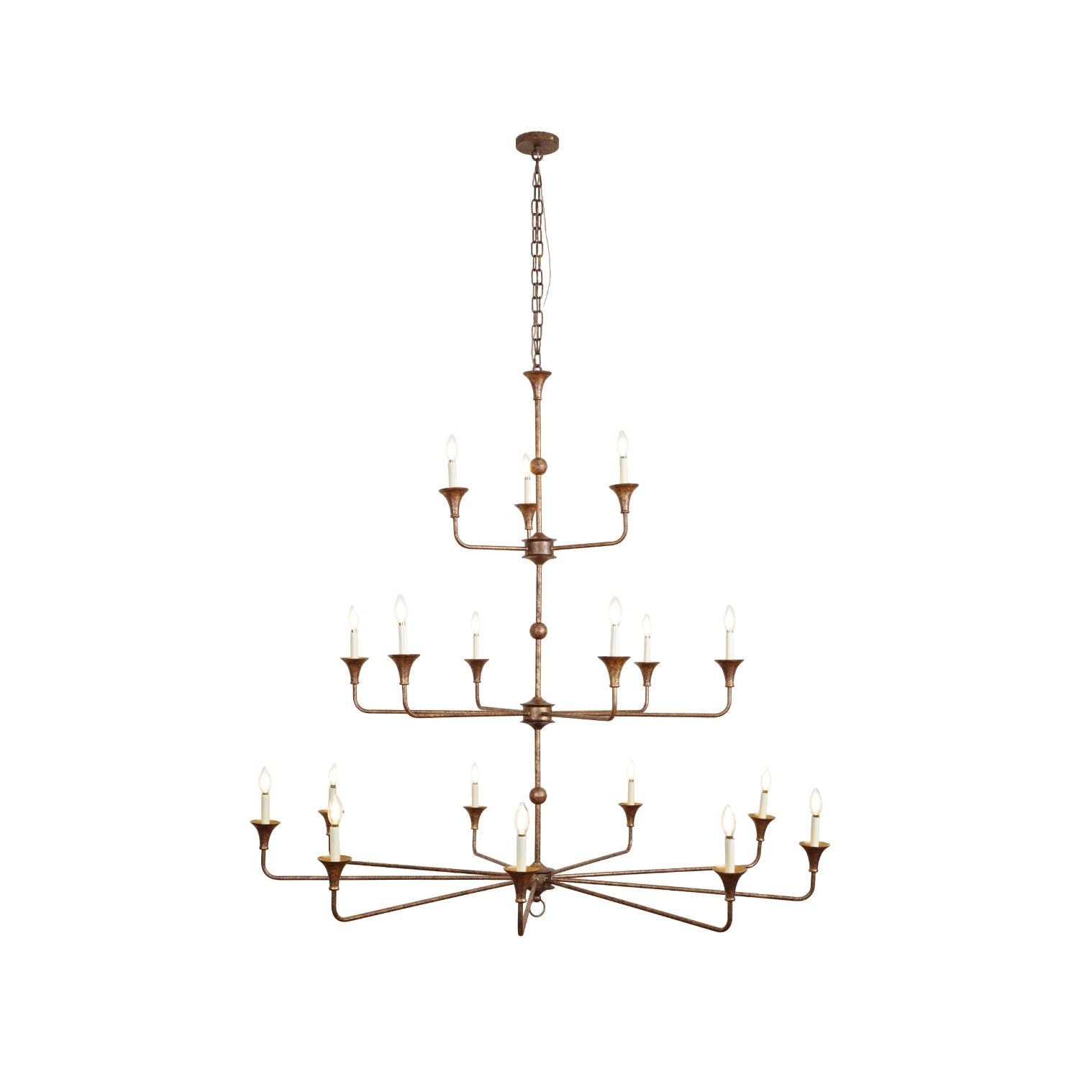 The Clérachic Wisp Grande chandelier's three-tier silhouette centers a slender bronze column on white.