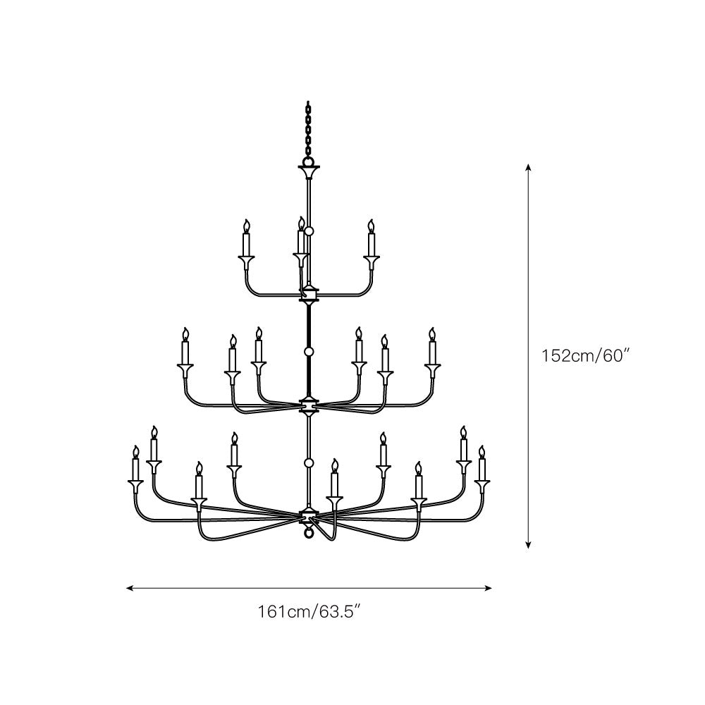 The Clérachic Wisp Grande chandelier dimension diagram for the 18-head size: 161cm/63.5" wide by 152cm/60" tall.