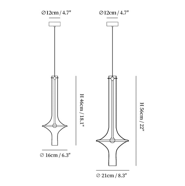 Dimension drawing of the wonder suspension lamp, in outline against white.