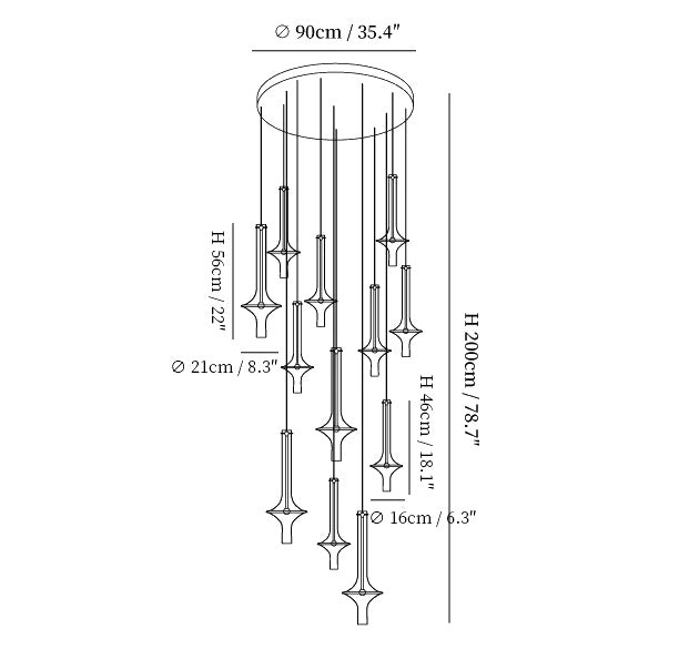 Dimension drawing of the wonder suspension lamp, in outline against white.