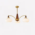 Clérachic Wood and Brass Chandelier in white opal glass, three shades and wood beads on brushed brass arms.