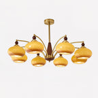 Clérachic Wood and Brass Chandelier in caramel with eight shades staggered at two heights for a wide room.