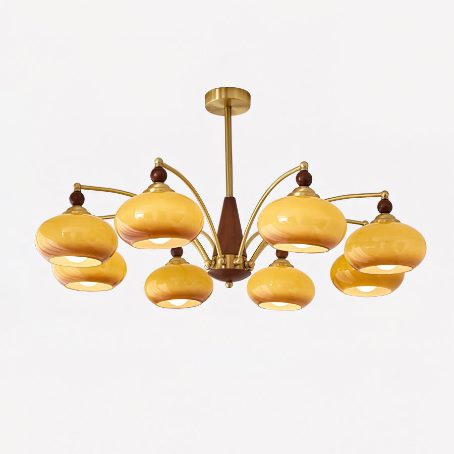 Clérachic Wood and Brass Chandelier in caramel with eight shades staggered at two heights for a wide room.