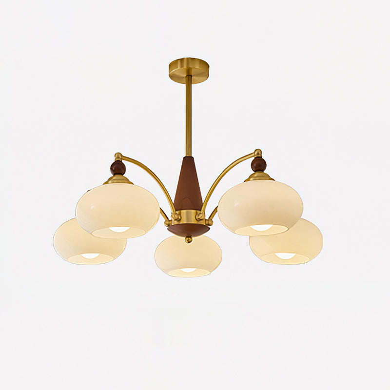 Five-head Clérachic Wood and Brass Chandelier in opal white glass, unlit, with wood beads at each collar.