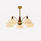Five-head Clérachic Wood and Brass Chandelier in opal white glass, unlit, with wood beads at each collar.