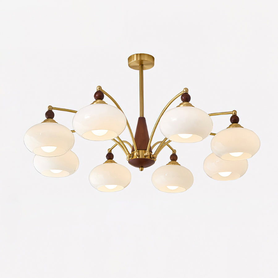 Clérachic Wood and Brass Chandelier in white glass with eight shades ringed around a walnut-toned hub.