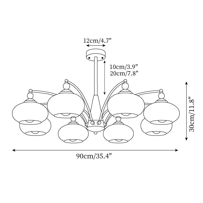 Dimension drawing for the eight-head Clérachic Wood and Brass Chandelier: 90cm/35.4″ wide, 30cm/11.8″ tall, 12cm/4.7″ canopy, 10cm/3.9″ and 20cm/7.8″ rod.