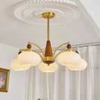 Clérachic Wood and Brass Chandelier in white glass, five lit shades beneath a deep plaster ceiling rose.