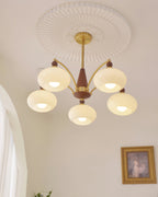 Clérachic five-light Wood and Brass Chandelier in white, glowing under a sunburst plaster ceiling rose.