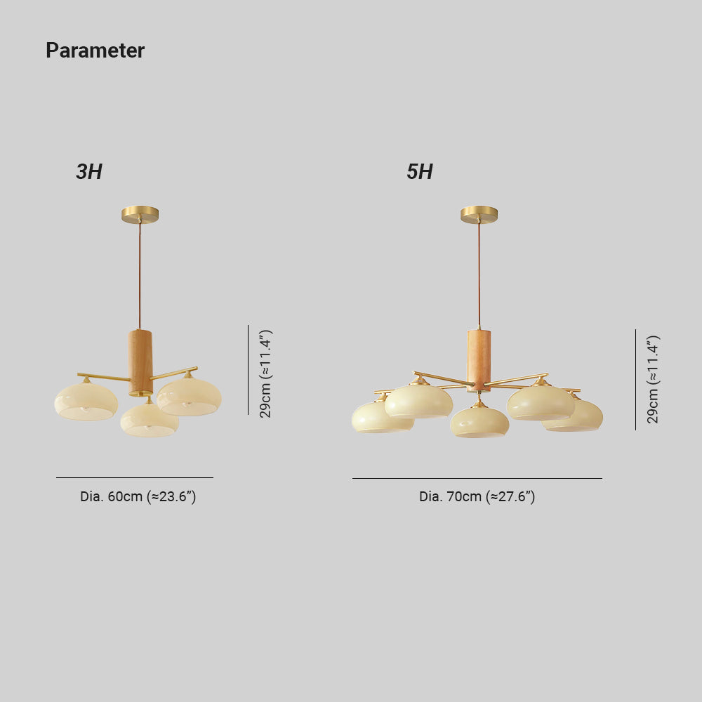 Dimension drawing for the Clérachic persimmon glass chandelier: 3 heads Dia. 60 cm (≈23.6″), 5 heads Dia. 70 cm (≈27.6″), both 29 cm (≈11.4″) high.