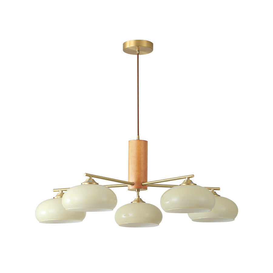 Five beige glass shades fan out on brass rods in this studio shot of the Clérachic wood and brass chandelier.