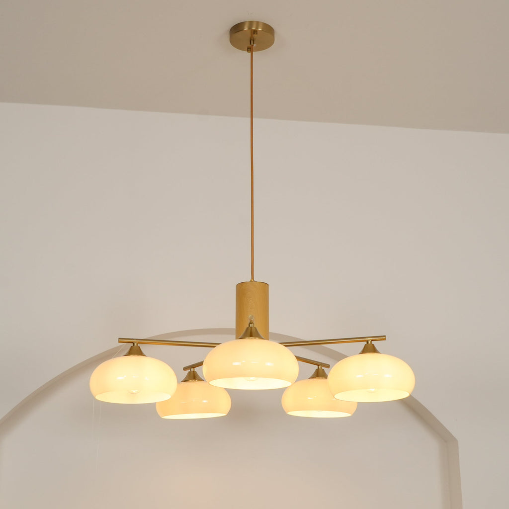 Long cord and brass canopy above the Clérachic five-light chandelier, its white glass shades lit in a studio.