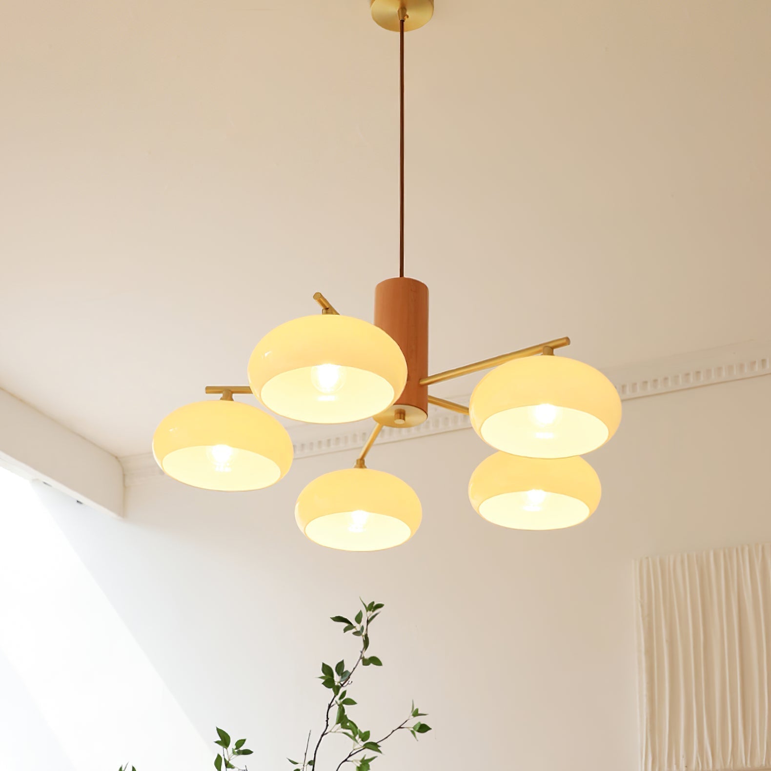 Beige glass shades of the Clérachic chandelier catch the daylight in a room corner with curtain and plant.