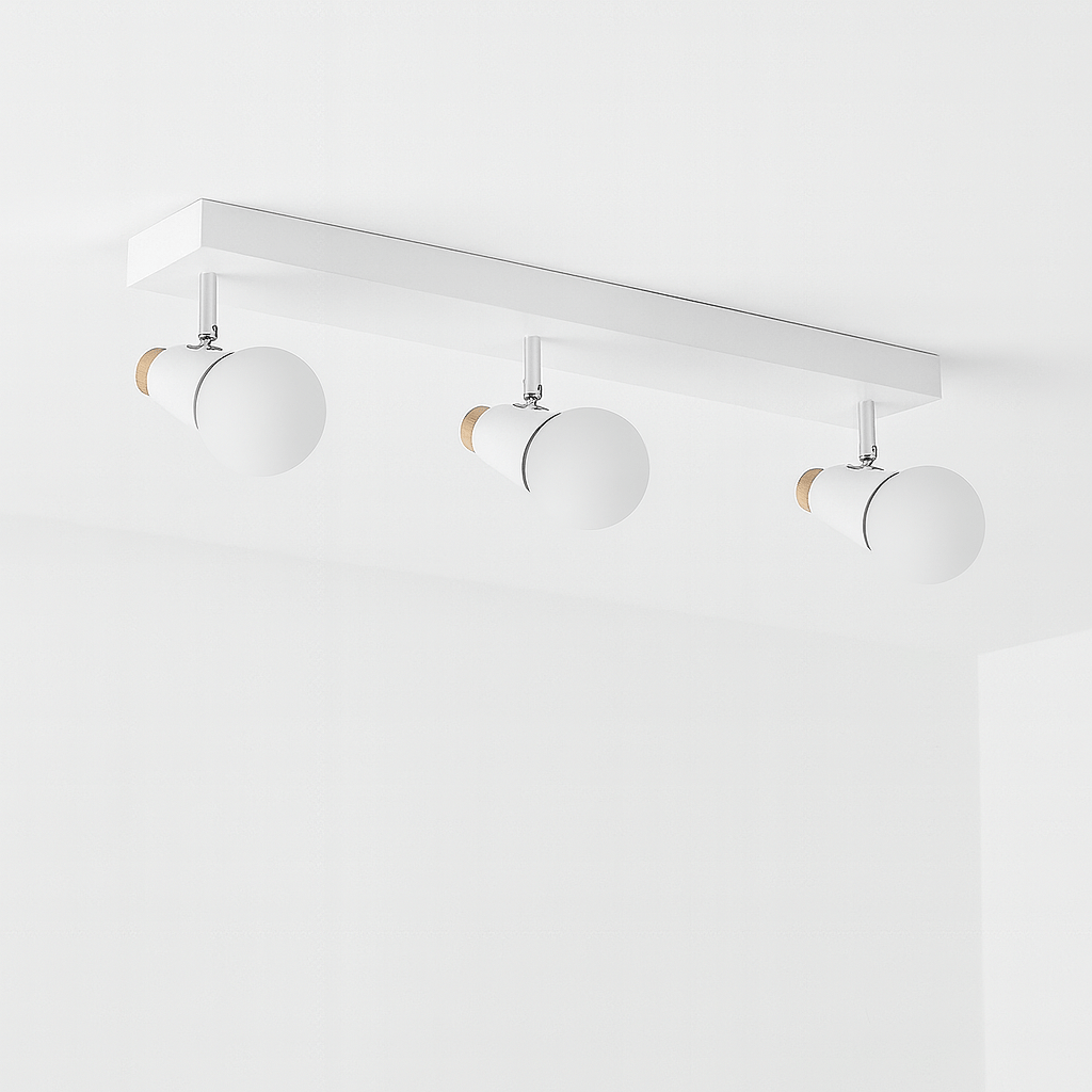 Clérachic white three-head ceiling spotlight bar with cone-shaped heads and wooden end caps, switched off on a white ceiling.