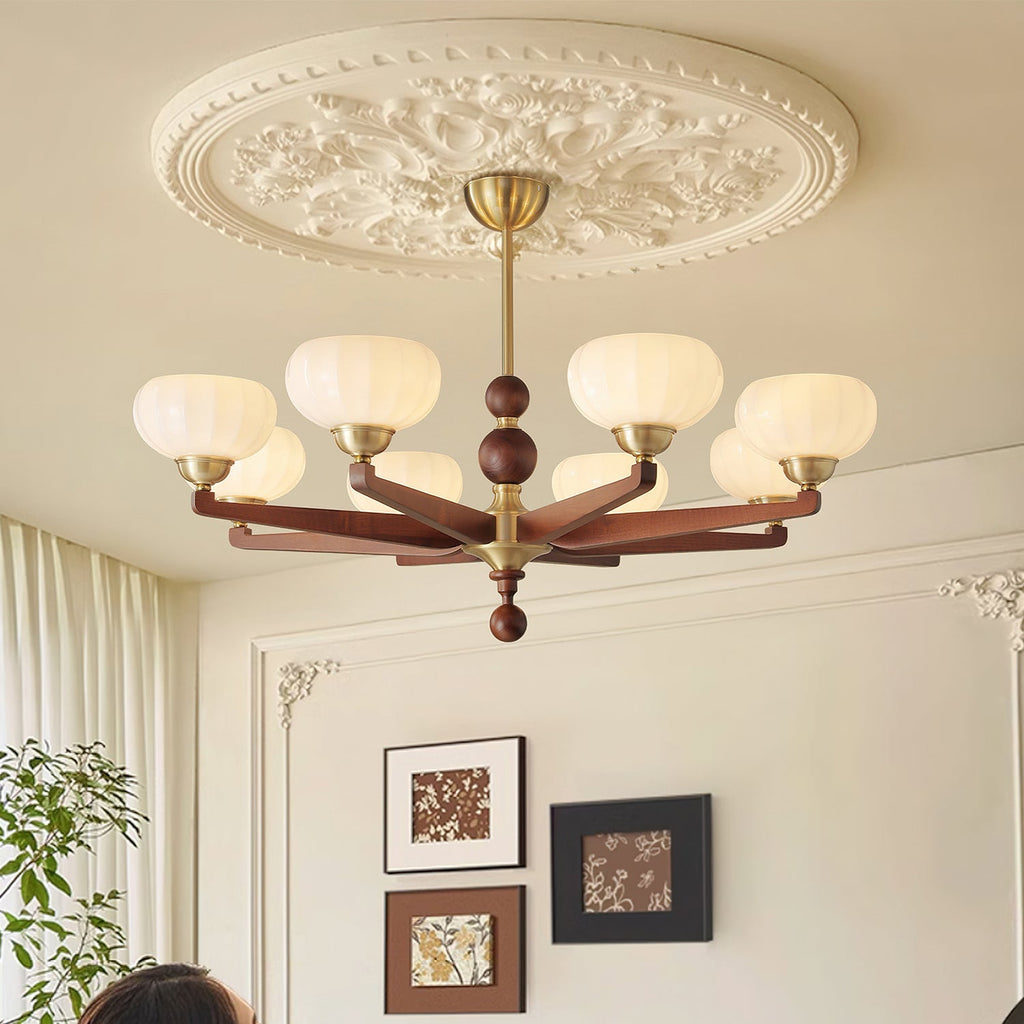 Clérachic chandelier with walnut-coloured arms and cream glass shades under an ornate plaster ceiling rose, with framed prints on the wall behind.