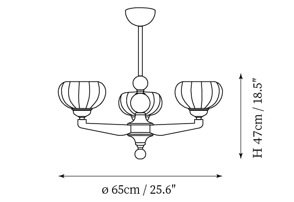 Dimension drawing of this Clérachic three-light chandelier, with its 47 cm height and 65 cm width marked.