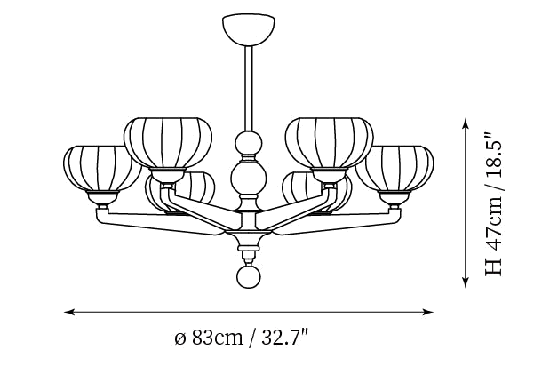 Dimension drawing of this Clérachic six-light chandelier, with its 47 cm height and 83 cm width marked.