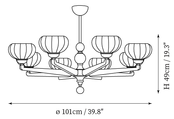 Dimension drawing of this Clérachic eight-light chandelier, with its 49 cm height and 101 cm width marked.