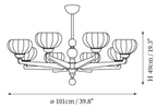 Dimension drawing of this Clérachic eight-light chandelier, with its 49 cm height and 101 cm width marked.