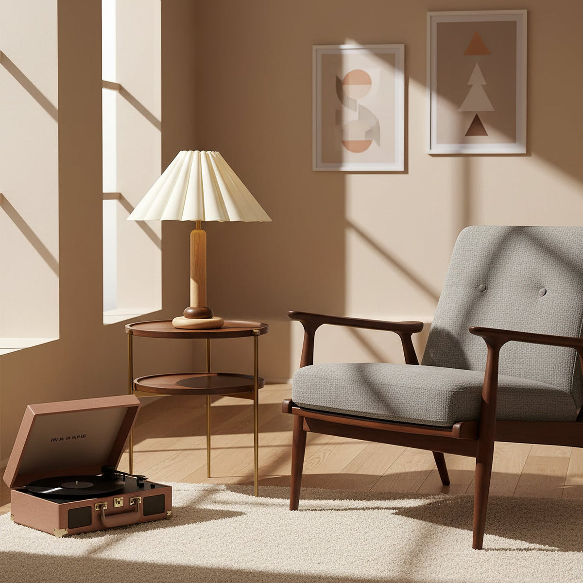 A Clérachic pleated table lamp stands on a slim side table in a warm beige room, beside a grey armchair and a portable record player.