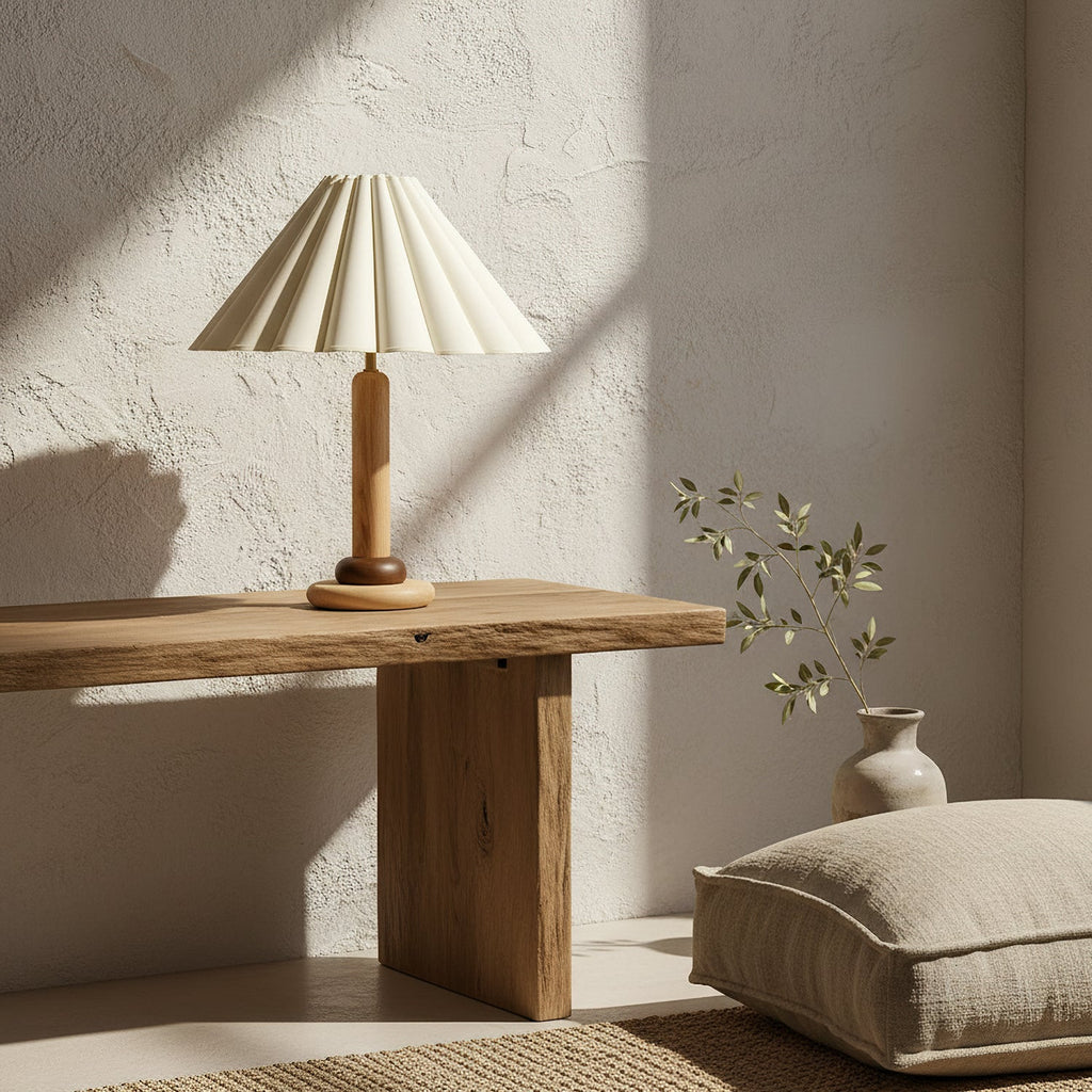 On a rough-hewn wooden console against a textured plaster wall, this Clérachic table lamp sits near a stone vase and a linen floor cushion.