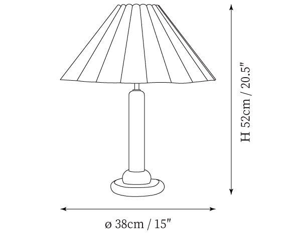 Clérachic table lamp dimension drawing, every measurement marked in centimetres and inches.