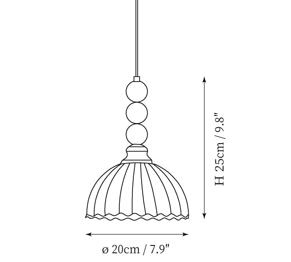 Clérachic pendant light dimension drawing, 1 of 2, every measurement marked in centimetres and inches.