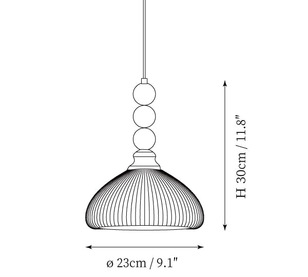 Clérachic pendant light dimension drawing, 2 of 2, every measurement marked in centimetres and inches.