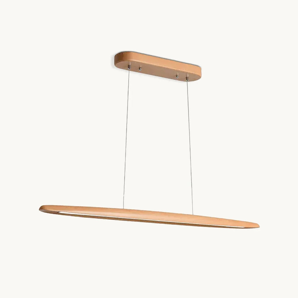 Slim beech Clérachic pendant on two fine suspension wires from an oval wooden canopy, shown on a plain off-white backdrop.