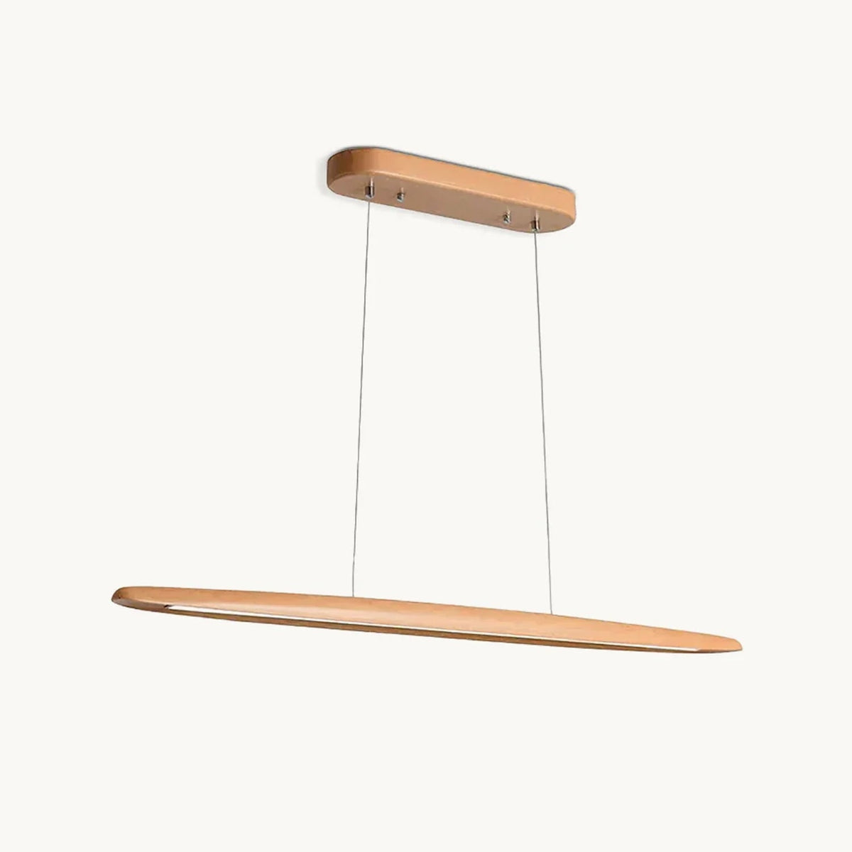 Slim beech Clérachic pendant on two fine suspension wires from an oval wooden canopy, shown on a plain off-white backdrop.