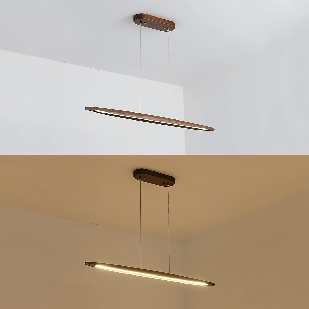 Two Clérachic pendants in dark walnut, one seen from the side and one lit from below, against a white ceiling and a warm wall.