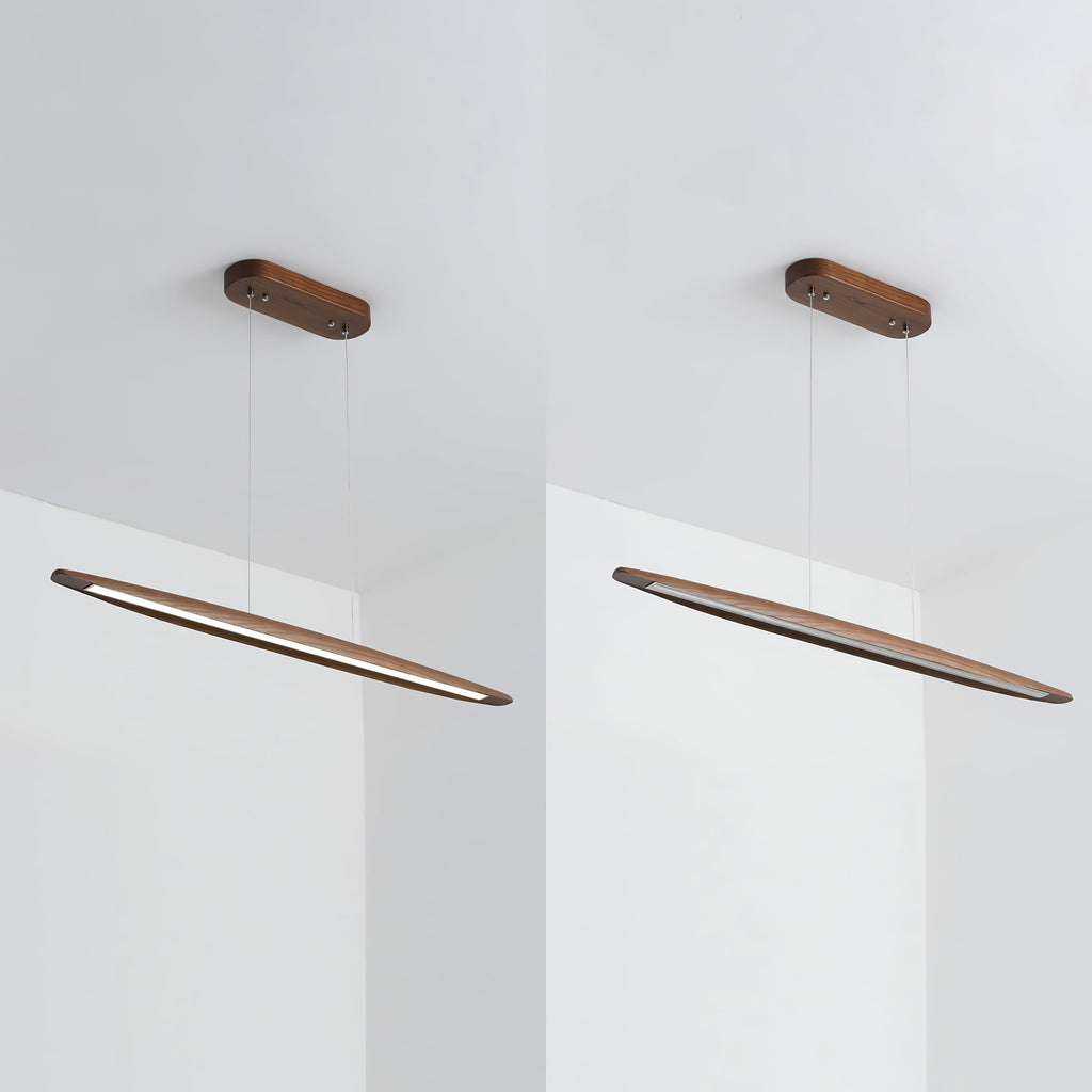 Two views of a dark walnut Clérachic pendant on its walnut canopy, side by side against a pale grey wall.