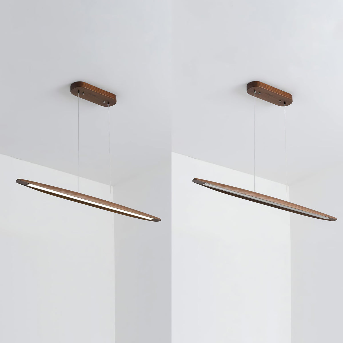 Two views of a dark walnut Clérachic pendant on its walnut canopy, side by side against a pale grey wall.