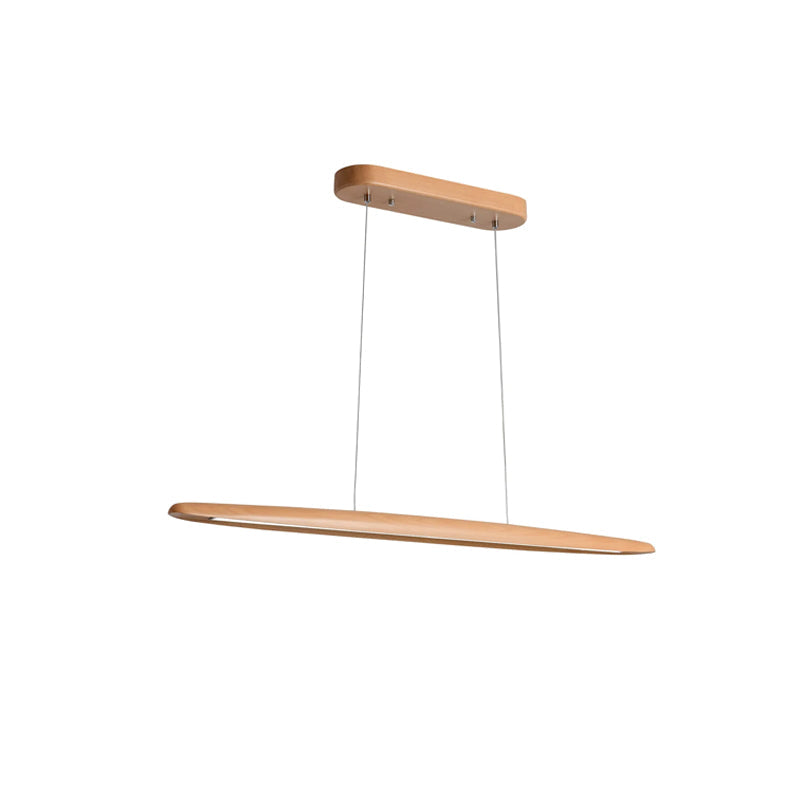 A beech Clérachic pendant hangs from its oval canopy, the slim body slightly tilted, on a plain white backdrop.