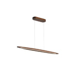 A dark walnut Clérachic pendant with a slim lit slot, hung at an angle from a dark wooden canopy on white.