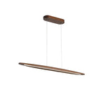 Dark walnut Clérachic pendant tilted on its wires, showing the glowing slot along the underside and a dark wooden canopy.