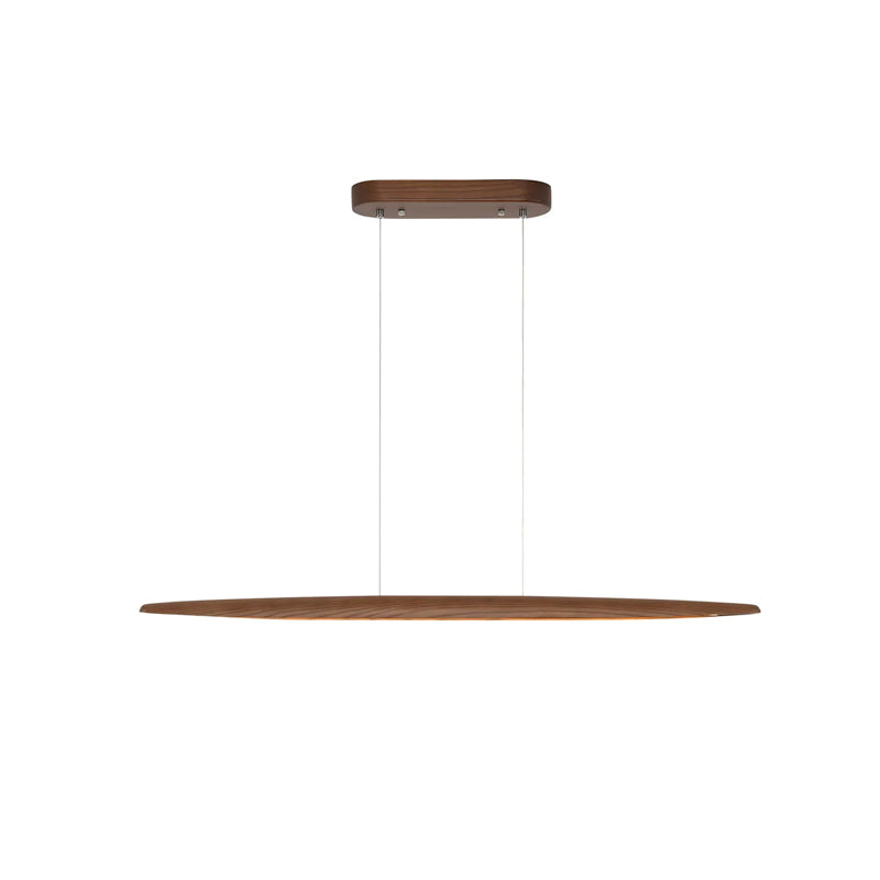 Side view of a thin, tapered black walnut Clérachic pendant, with a small dark wooden canopy and two wires, on white.