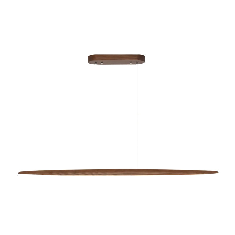 A longer black walnut Clérachic pendant hangs level from a dark oval canopy on two thin wires, on a white backdrop.