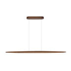 A longer black walnut Clérachic pendant hangs level from a dark oval canopy on two thin wires, on a white backdrop.