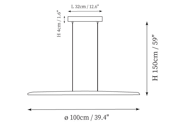 Clérachic pendant light dimension drawing, 1 of 3, every measurement marked in centimetres and inches.