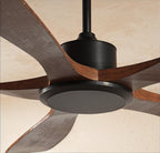 Close view of the Clérachic fan's black motor housing, dark light disc and deep walnut-toned blade roots against a plaster ceiling.