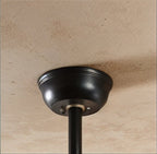 Clérachic fan's black ceiling canopy with a trimmed rim and a black downrod fixed to a textured plaster ceiling.
