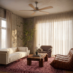 Clérachic five-blade ceiling fan with light wood blades hung in a living room with sheer curtains, a cream sofa and a leather lounger.