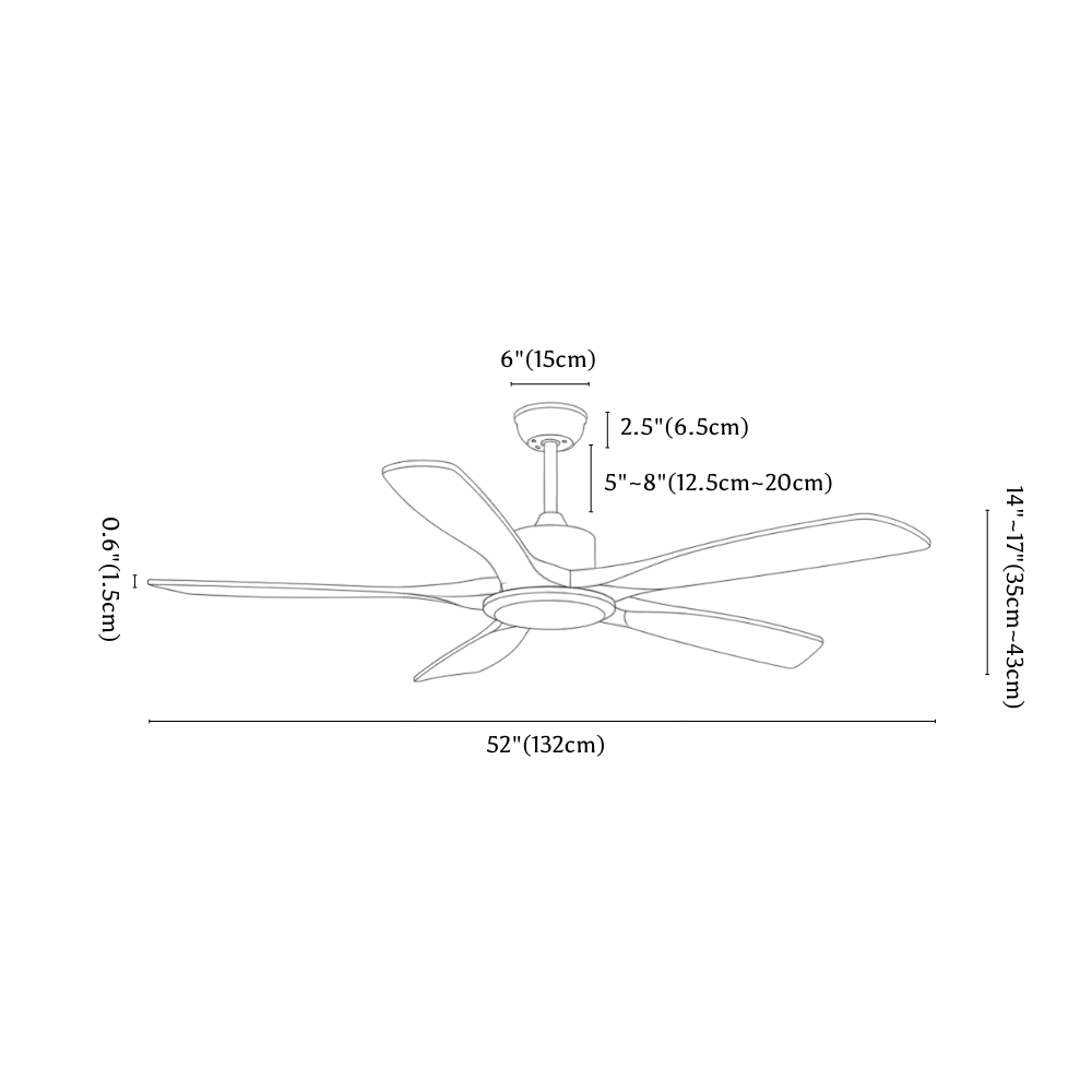 Clérachic light dimension drawing, 132 cm, every measurement marked in centimetres and inches.