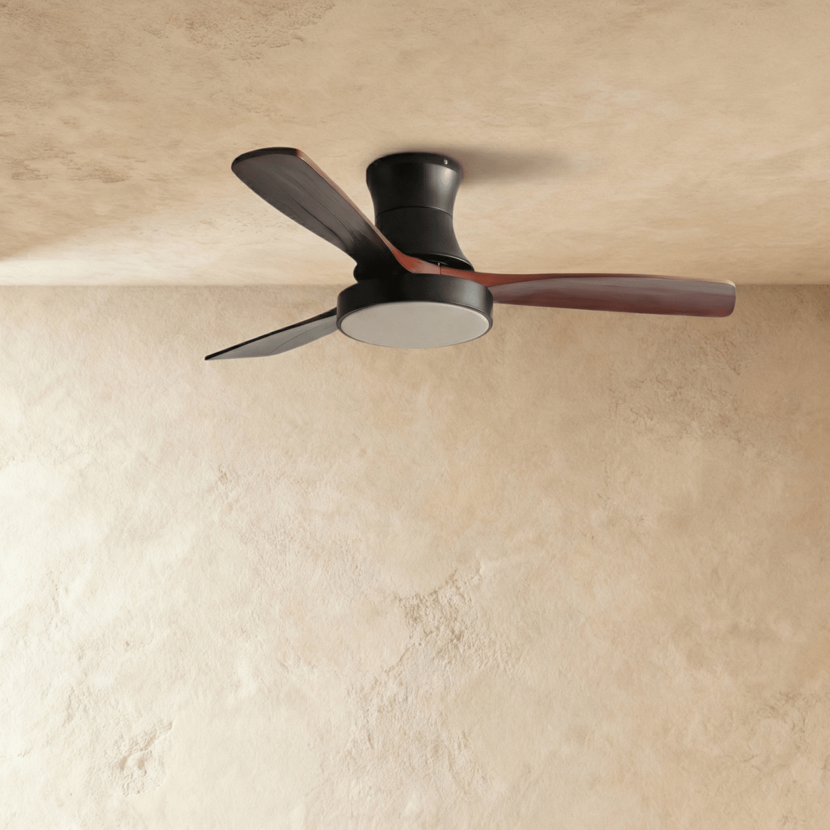 Clérachic low-profile ceiling fan in black with three dark walnut-toned blades, the round LED light panel unlit.