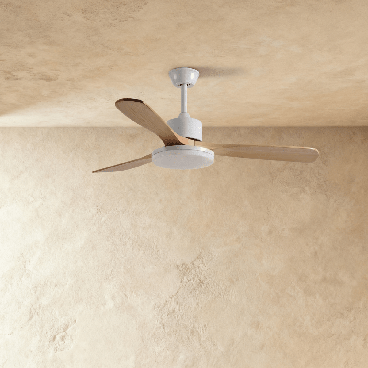 Clérachic ceiling fan on a short white downrod with three pale wood blades, the round LED light panel switched off.