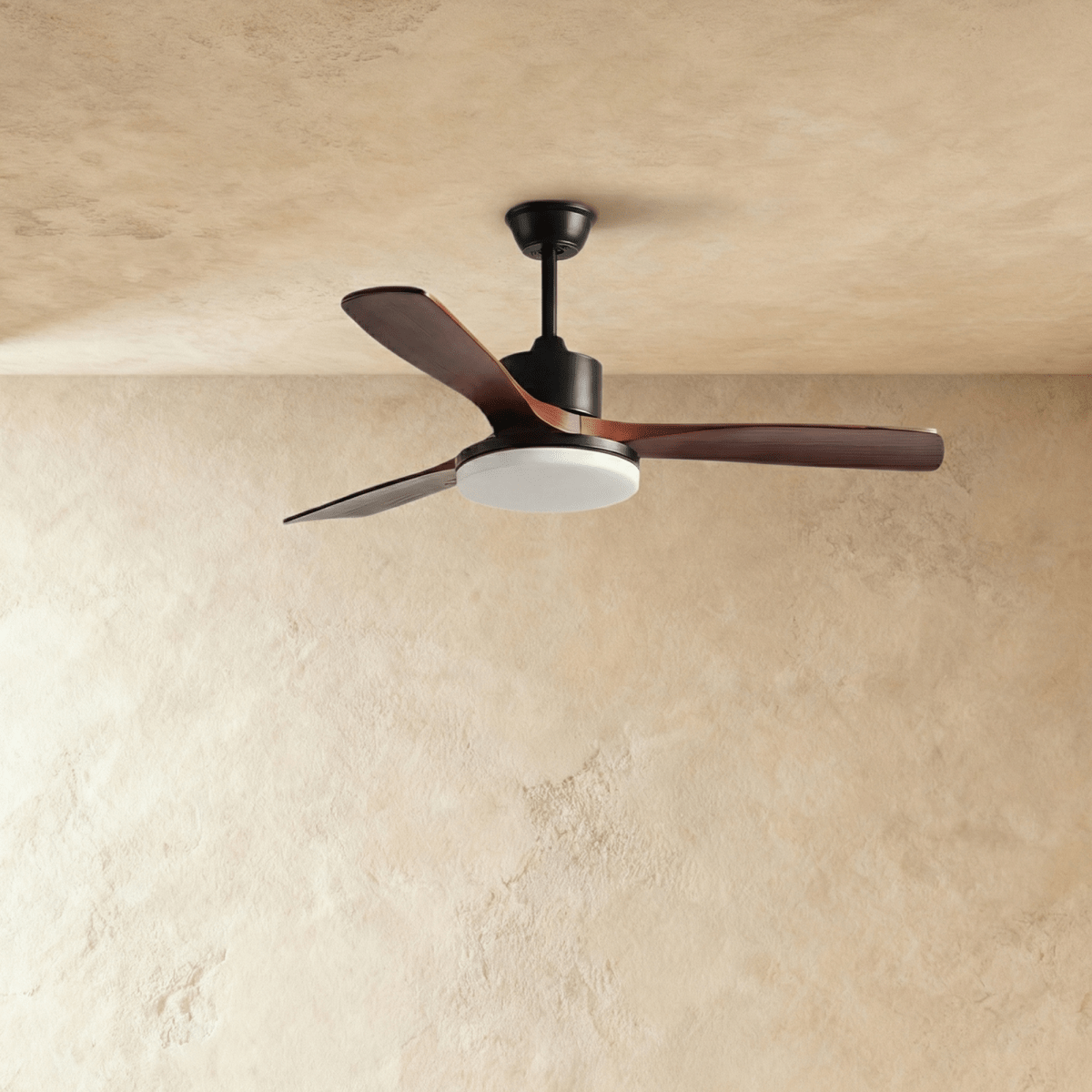 Clérachic ceiling fan on a black downrod with three dark walnut-toned blades, the round LED light panel unlit.