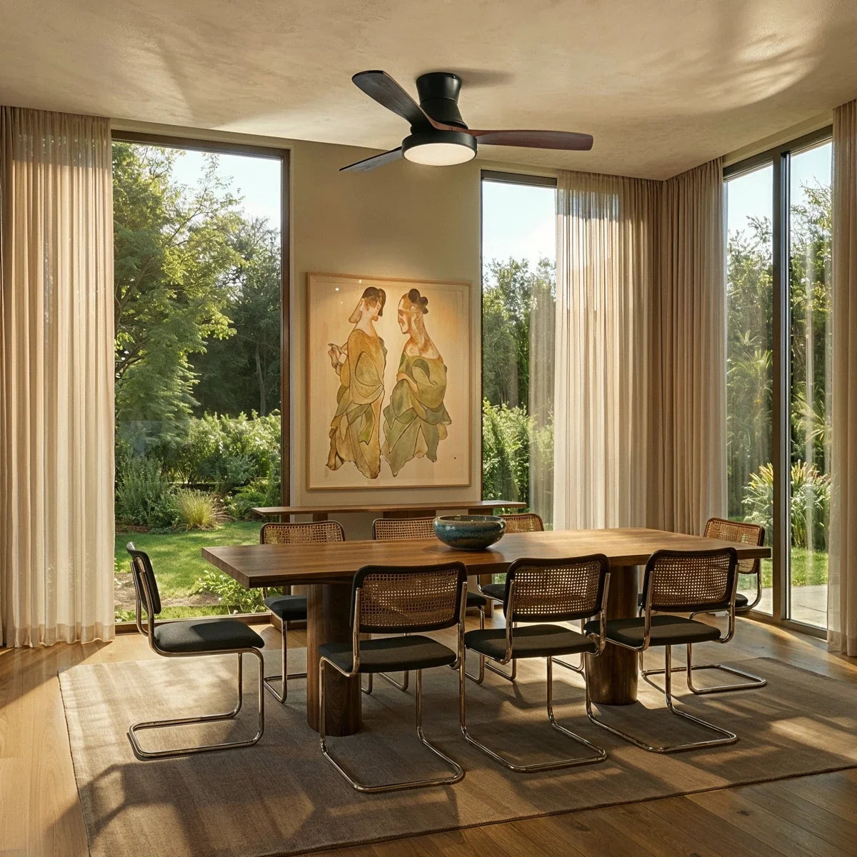Clérachic black low-profile ceiling fan with dark wood blades above a walnut dining table in a bright, garden-facing room.