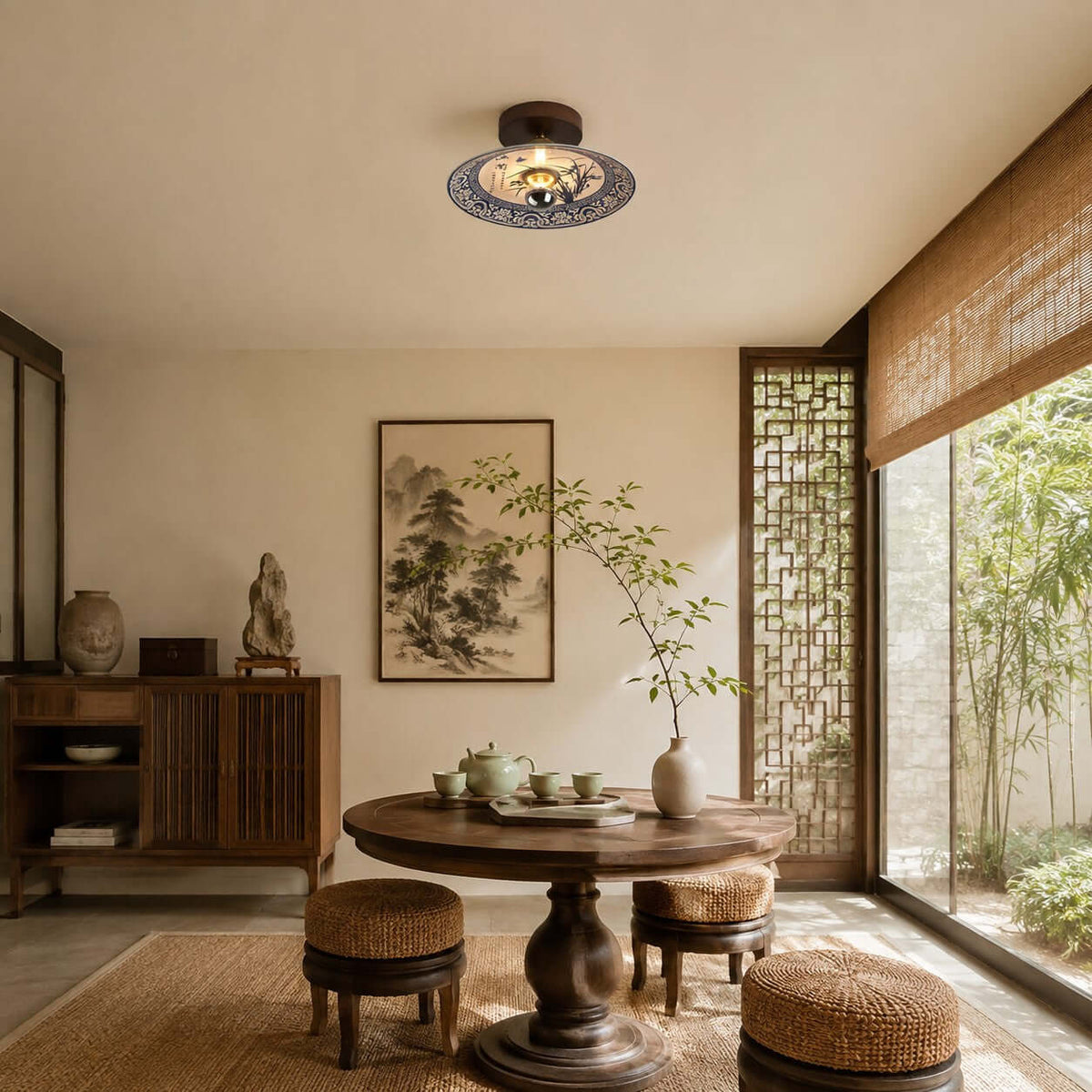 A Clérachic ceiling light above a round wooden table and woven stools in a bright room with a lattice screen and garden view.